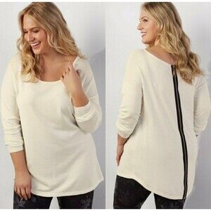 Soft Surroundings Size Large L Knit Tunic Sweater Exposed Back Zipper Ivory